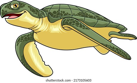 Green Sea Turtle Cartoon Character Is Swimming. Vector Hand Drawn Illustration Isolated On White Background