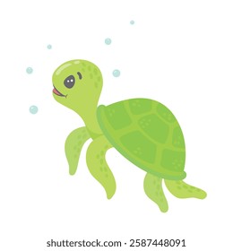 Green sea turtle in cartoon style, digital art illustration. Vector illustration of a cute green sea turtle swimming underwater.