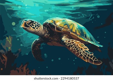 Green sea turtle in deep blue water for world turtle day, May 23, or world ocean day, june 8,