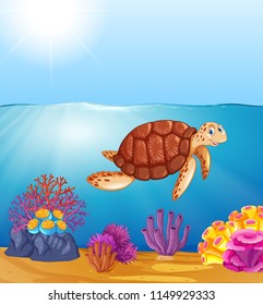 Green sea turtle in ocean illustration