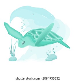 Green sea turtle on the background of wave and algae. Vector illustration.