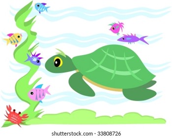Green Sea Turtle Stares at Marine Friends Vector