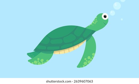 Green Sea Turtle Swimming: Ocean Animal Vector. A happy green sea turtle swims gracefully through blue water, with bubbles floating nearby
