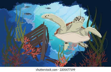 Green sea turtle swims into an underwater cave near a sunken ship. Tropical coral reef with fish and algae. Realistic vector underwater landscape.