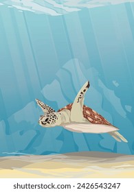 Green sea turtle swims in the sea with sandy bottom. Green turtle, black turtle or Pacific green turtle. Realistic vector vertical underwater landscape.