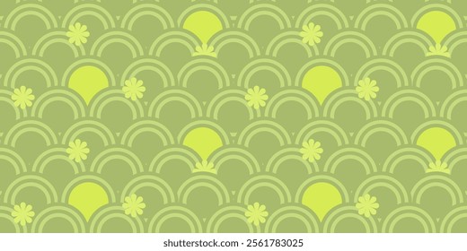 Green sea waves pattern design. Funny vector picture for background, decoration, clothes, card. Japanese style. Seamless.