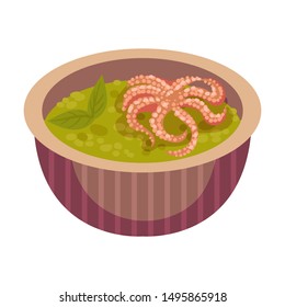 Green seafood soup. Vector illustration on a white background.