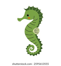 Green seahorse with black stripes and orange cheek on white background