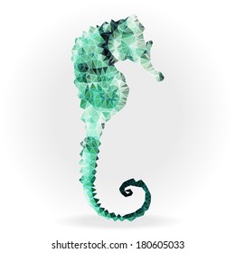 Green seahorse, Hippocampus antiquorum. Vector illustration on white background, triangular geometric style.