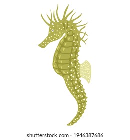 Green seahorse isolated on white background. Cartoon character reef fauna in flat style. Vector illustration.