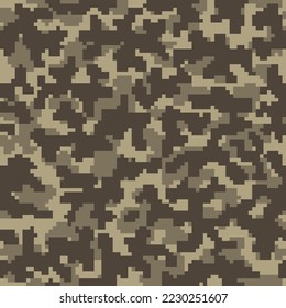 Green Seamless Abstract Geometric Commando Wallpaper. Repeated Desert Grunge Pixel Military Print.  Dark Seamless Colorful Vector Camo Pattern. Brown Digital Combat Fabric. 