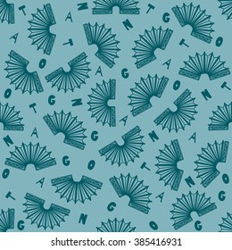 Green seamless argentine tango background with little bandoneons and scattered letters spelling "tango"