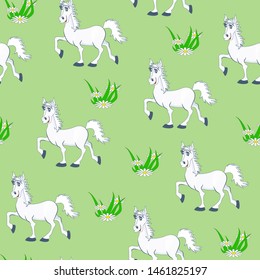 Green seamless background with amusing white horses and chamomile. Pattern can be used for creating packing, wrapper, textile, fabric, scrapbooking, greeting cards and more.
