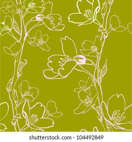 Green seamless background with apple tree flowers and branches. (vector)