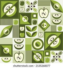 Green seamless background with apples and abstract shapes in simple geometric style. Good for branding, decoration of food package, cover design, decorative home kitchen prints