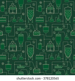 Green seamless background with beer brewing process, production beer, brewery factory production elements. Vector repeating texture