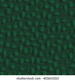 Green seamless background with beer brewing process, production beer, brewery factory production elements, traditional beer crafting. Vector repeating texture