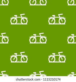 green seamless background  with bicycles and grass. Flat bike ornament on white. Vector illustration. Eco transport wallpaper. Healthy journey. Ecology. Go green. World car free day