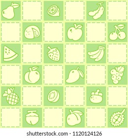 Green seamless background of fruits pattern. Freehand drawing in cute style. Vector illustration.