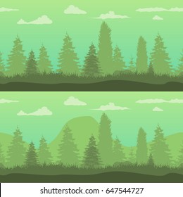 Green seamless background for game development. Designer creating the level. Forest mountains in the background.