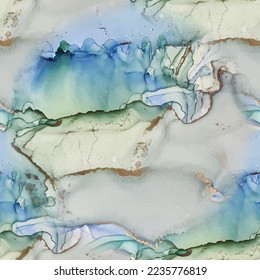 Grüner, nahtloser Hintergrund. Goldmarmor Wasserfarbe. Weißer Marmor mit Aquarellfarben. Metallfarbener Hintergrund des Wassers. Blauer Alkohol-Tinte Marmor. Farbe der Folie. Fluid Elegant Glitter. Vektornahtlose Malerei.