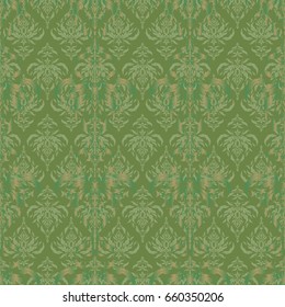 Green seamless background ornament pattern. Abstract arabesque background for greeting card, presentation or wedding invitations. Traditional vector gothic damask background.