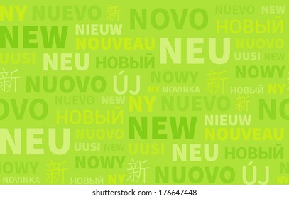 Green seamless background paper with new in different language layered.