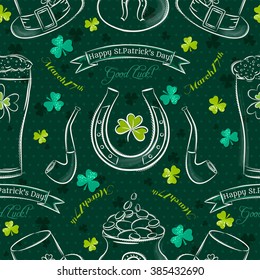 Green  seamless background for Patricks day with symbol and shamrocks, vector illustration