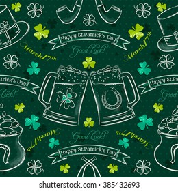 Green  seamless background for Patricks day with symbol and shamrocks, vector illustration