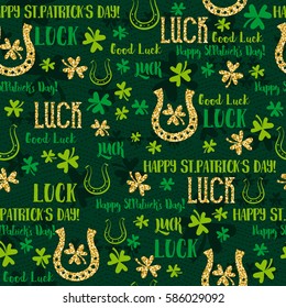 Green  seamless background for Patricks day with golden horseshoe and shamrocks, vector illustration