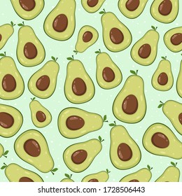 Green seamless background with ripe avocado. Pattern with tasty avocado. Illustration in cartoon style can be used for children's clothing or things design, backgrounds, wrapper, wallpaper, banners.