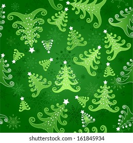 Green seamless background with snowflakes and green stylized Christmas trees decorated with white stars.