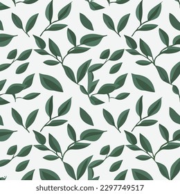 Green Seamless Background with Vintage Geometric Ornament and Leaf Elements - Vector Illustration for Packaging Paper and Textiles