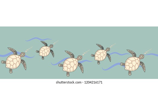 green seamless border with sea turtles beige and brown