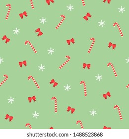 Green seamless Christmas background, Bowknot and candy cane elements
