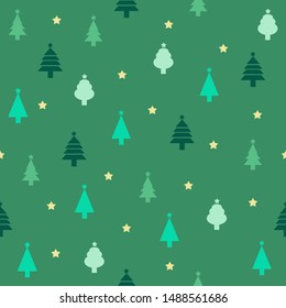 Green Seamless Christmas Background, Multiple Christmas Trees And Star