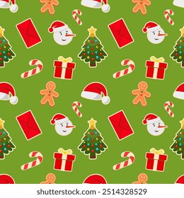 Green seamless Christmas pattern with mail envelope for Santa Claus gift and red hat. New Year tree. Xmas gingerbread man. Candy cane a snowman head. Vector illustration