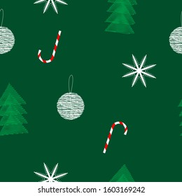 Green seamless christmas pattern with christmas trees, balls of thread, candy canes and snowflakes