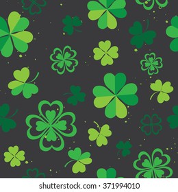  green seamless clover pattern, vector black background for St. Patrick's Day