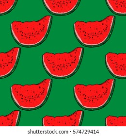 Green seamless colorful pattern with pieces of watermelon for bright designs, clothes, manufacturing, wrapping paper, fabric, textile, interior, menu 