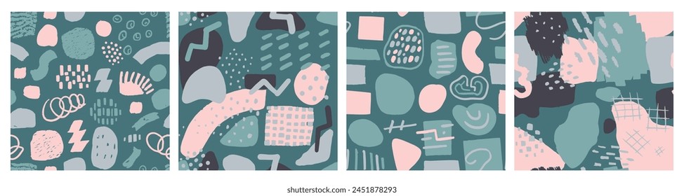 Green Seamless Elegant Trendy Template Set. Orange Seamless Fashion Beautiful Paint, Seamless Wallpaper. Purple Repeated Grunge Graphic Ornament Scribble