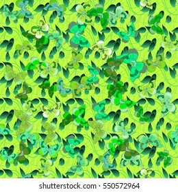 Green seamless floral pattern with petals and butterflies. Vector.