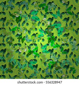 Green seamless floral pattern with petals and butterflies. Vector. Radial gradient shape.