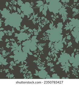 green seamless floral vector flowers leaves pattern on brown background