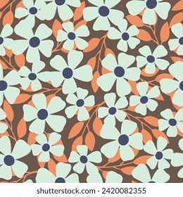 green seamless floral vector flowers with orange leaves pattern on brown background