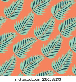 green seamless floral vector leaf pattern on orange background