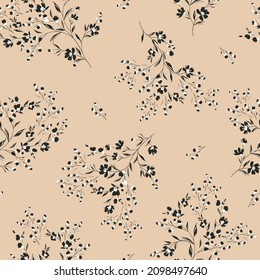 Green Seamless Floral Vector Small Flowers With Leaves Bunches Pattern On Cream Background