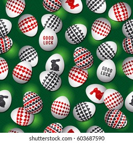 Green seamless gambling background with red and black symbols over easter eggs, vector illustration.
