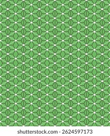Green seamless geometric design with hexagonal and star shapes. Elegant and repeating, suitable for backgrounds, textiles, paper