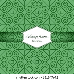 Green seamless geometric patterns with vintage frame, vector illustration